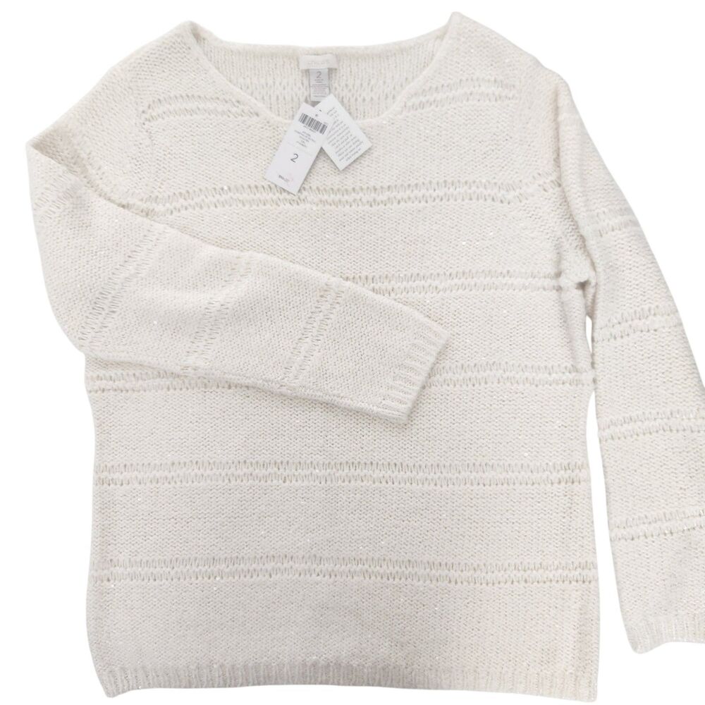 Chicos NWT Sweetheart Bateau Sequin Shimmer Sweater 2/L Alpaca Ecru Quiet Luxury